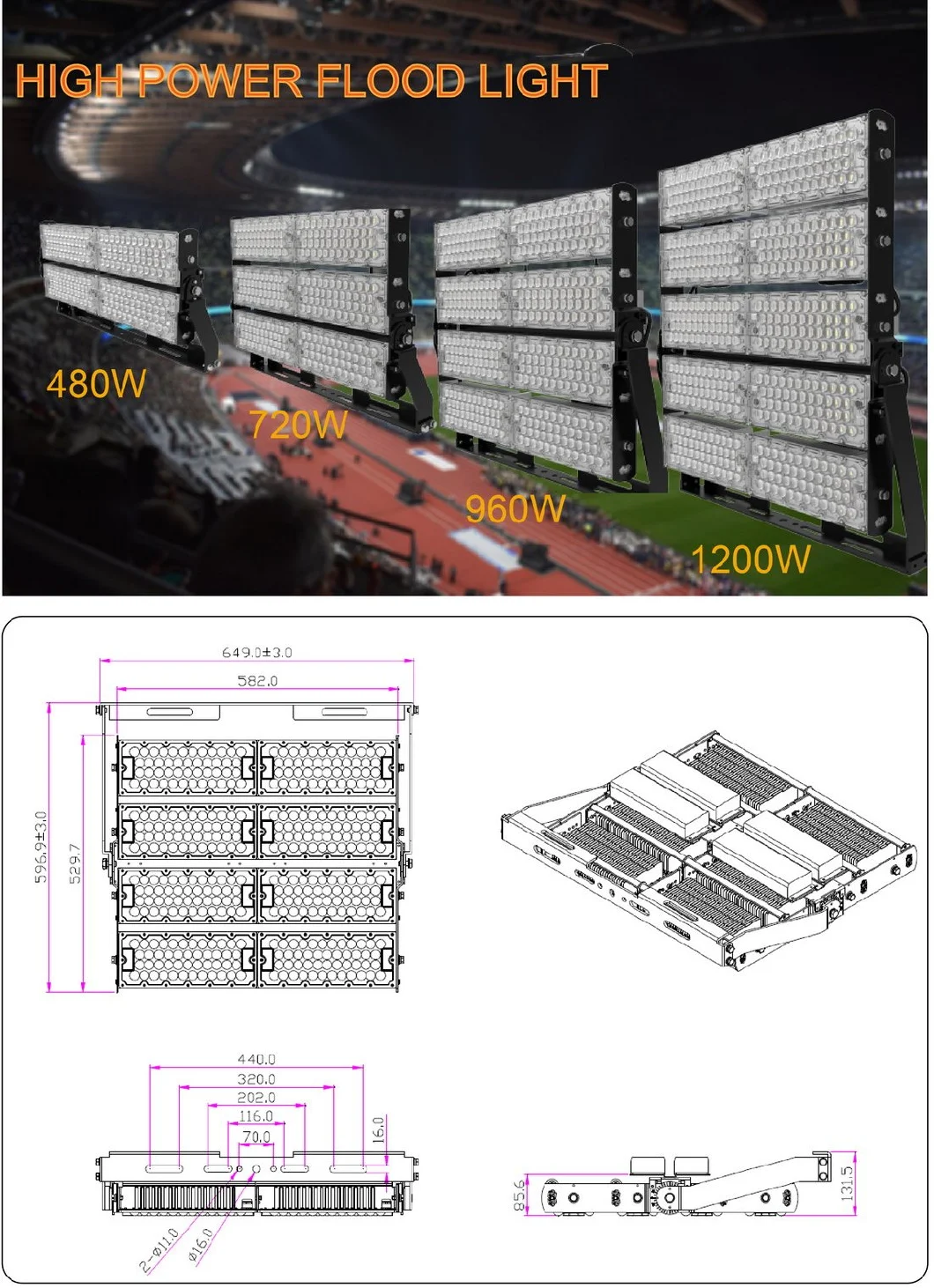 Long Distance Floodlight High Power LED Industrial Stadium Flood Tunnel Lights 240W 360W 480W 720W 960W 1000W 1200W Outdoor Lighting Tennis Court Parking Lot