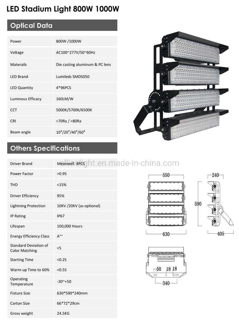 Outdoor IP67 500W/1000W/1200W/1500W LED Sports Stadium Floodlight High Mast LED Flood Light for Football Field Tennis Court