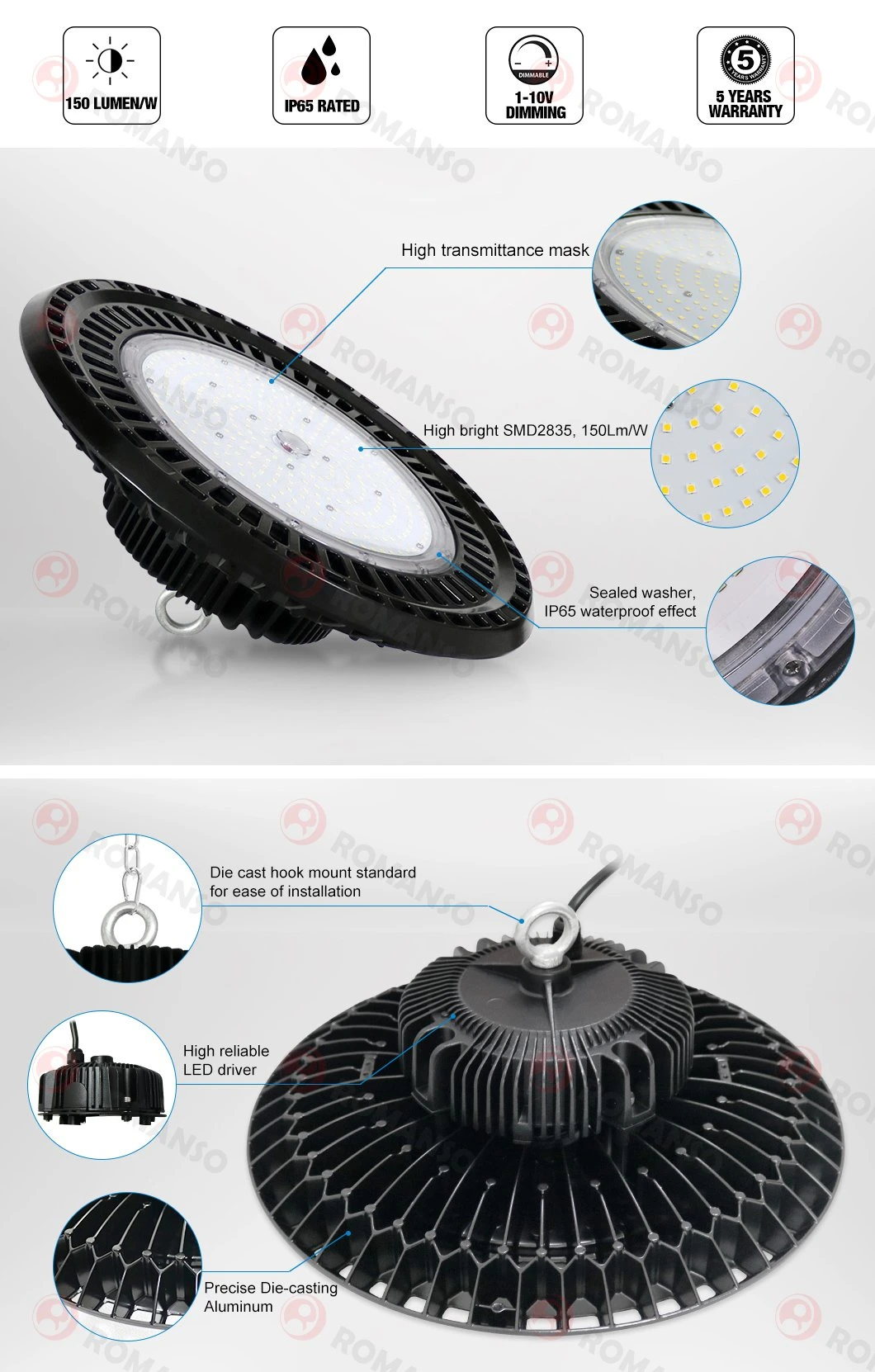 Romanso Industrial LED High Bay Light 100W 150W 200W 240W 300W 400W 500W UFO LED High Bay Light LED Lighting UFO 3000-6000K for Warehouse IP65 Waterproof